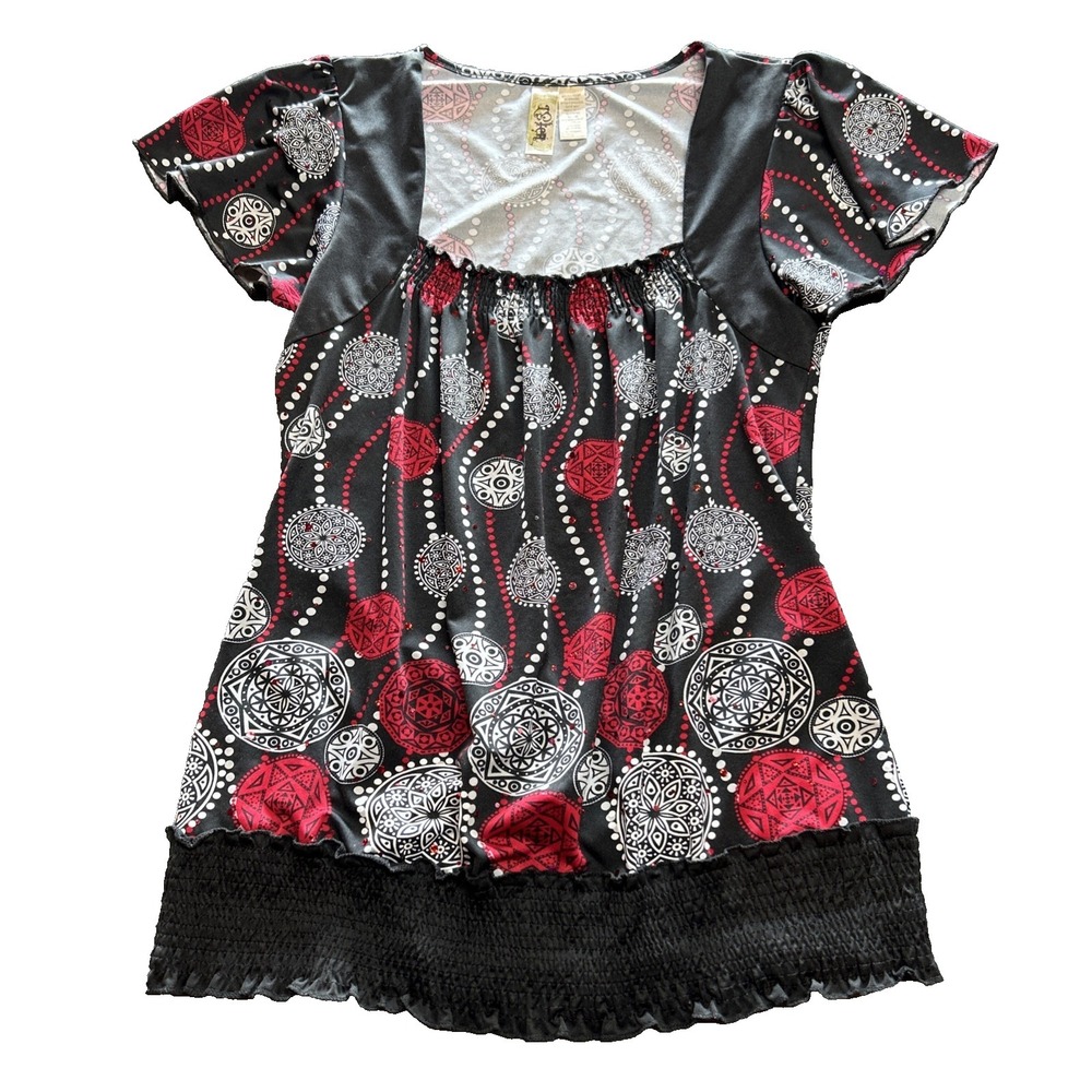 Vintage Y2K Babydoll Top Size M Swirl Red Black Abstract Artsy Empire Waist